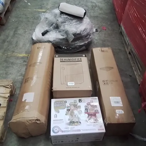 PALLET CONTAINING ASSORTED PRODUCTS INCLUDING: USPARK SUPER KING AND DOUBLE MATTRESS, DEHUMIDIFIER, SUPERMARKET TOY, 3 x 6m PARTY TENT GAMING CHAIR PARTS ECT