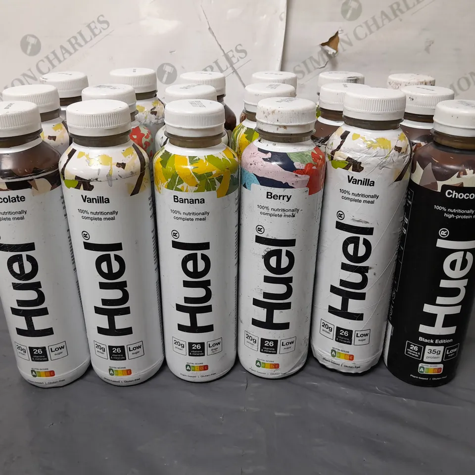 LOT OF 18 ASSORTED 500ML BOTTLES OF HUEL - VARIOUS FLAVOURS