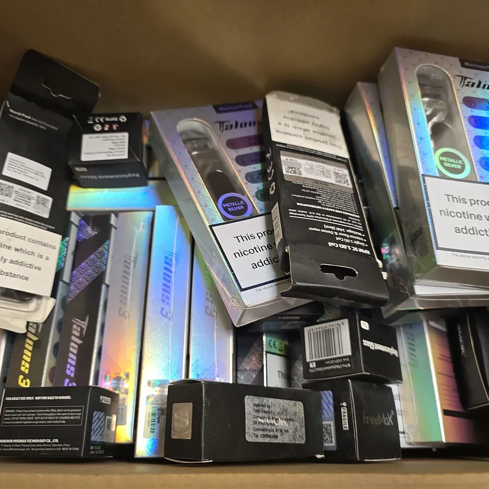 BOX OF APPROXIMATELY 15 ASSORTED E-CIGARETTES PRODUCTS TO INCLUDE - HORIZON TECH TALOONS 3 , VAPORESSO , FREE MAX ETC