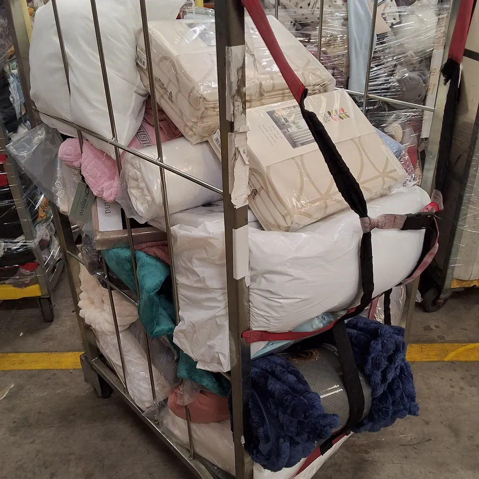CAGE CONTAINING ASSORTED CURTAINS, TOWELS, BED PILLOWS & PILLOWCASES