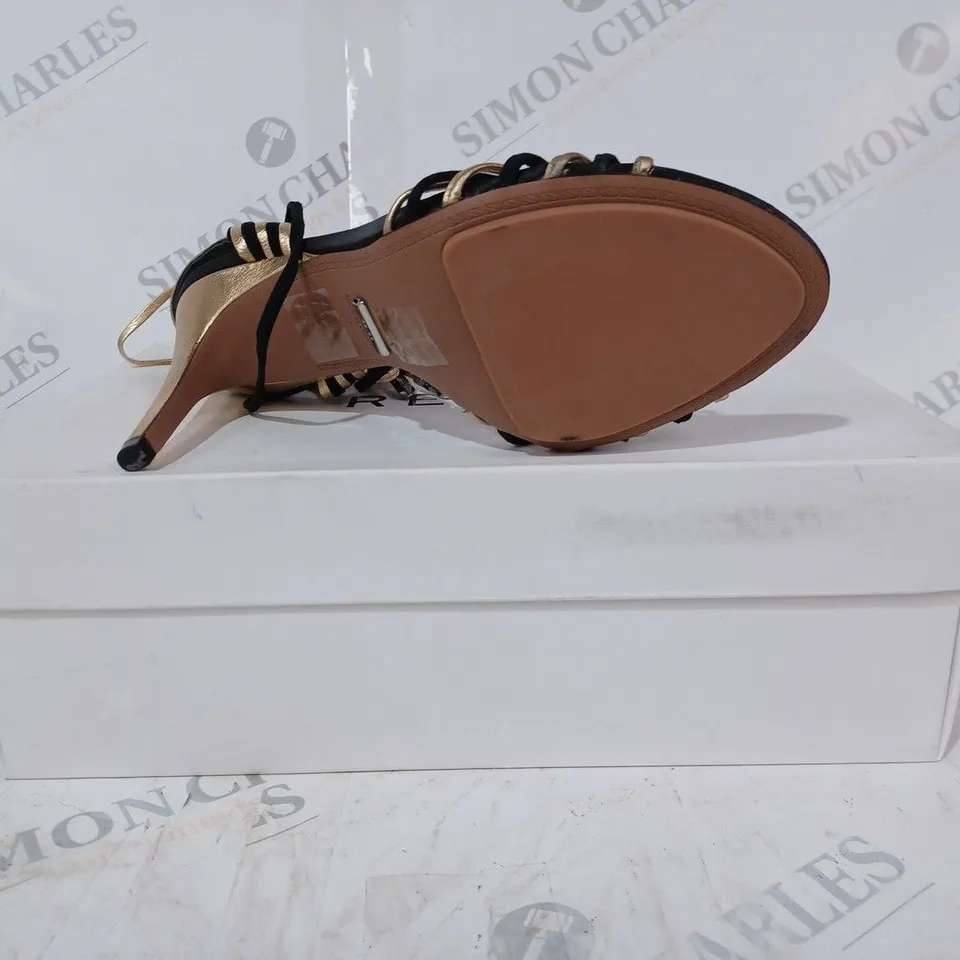 BOXED PAIR OF REISS CASSIDY STRAPPY HEELS IN BLACK/GOLD UK SIZE 4