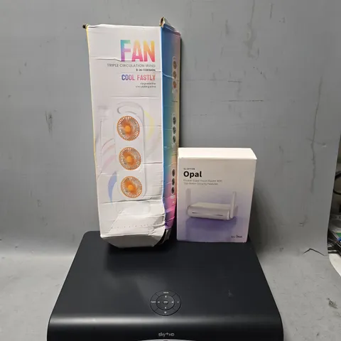 BOX OF APPROXIMATELY 12 ASSORTED ITEMS TO INCLUDE - FAN TRIPLE CIRCULATION WIND , OPALTRAVEL ROUTER , SKY+HD BOX ETC