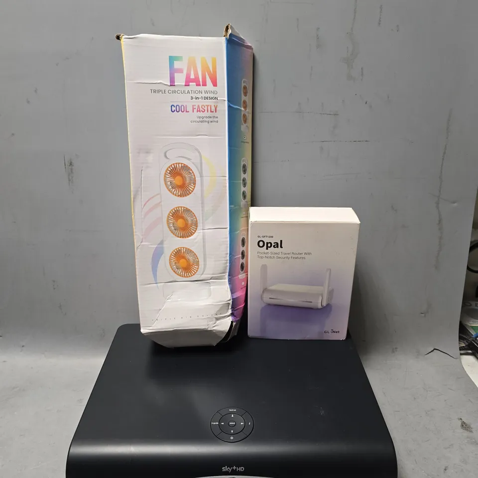 BOX OF APPROXIMATELY 12 ASSORTED ITEMS TO INCLUDE - FAN TRIPLE CIRCULATION WIND , OPALTRAVEL ROUTER , SKY+HD BOX ETC