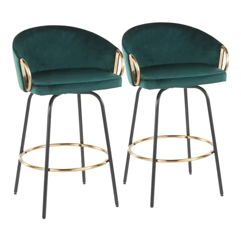 PAIR OF BOXED WEST NEWBURY 67cm SWIVEL BAR STOOLS EMERALD GREEN VELVET
