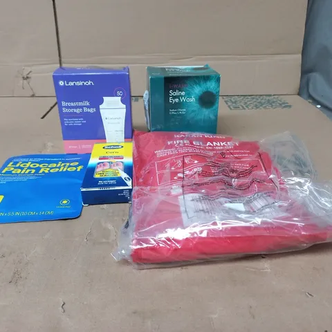 TOTE OF APPROXIMATELY 15 ASSORTED ITEMS TO INCLUDE FIRE BLANKET, SALINE EYE WASH, BREASTMILK STORAGE BAGS, PAIN RELIEF ETC