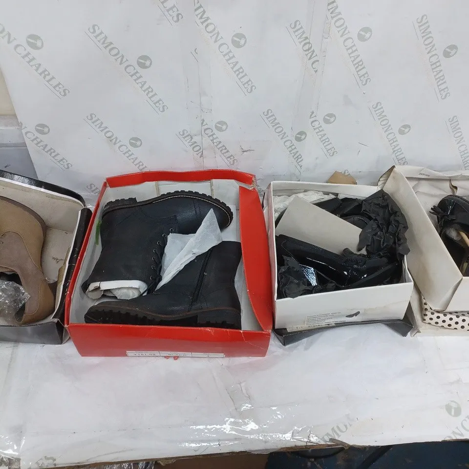 LARGE BOX OF APPROXIMATELY 10 ASSORTED BOXED AND UNBOXED SHOES TO INCLUDE BOOTS AND HEELS ETC.