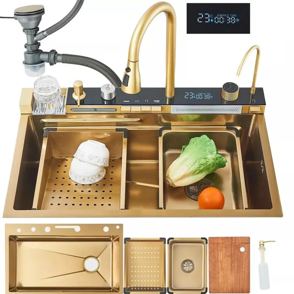 BOXED BRUSHED GOLD LED STAINLESS STEEL KITCHEN SINK SET SINGLE LARGE BOWL (1 BOX)