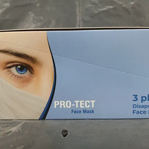 BOX OF APPROXIMATELY 40 PACKS OF PRO-TECT DISPOSABLE FACE MASKS (10 PER PACK)