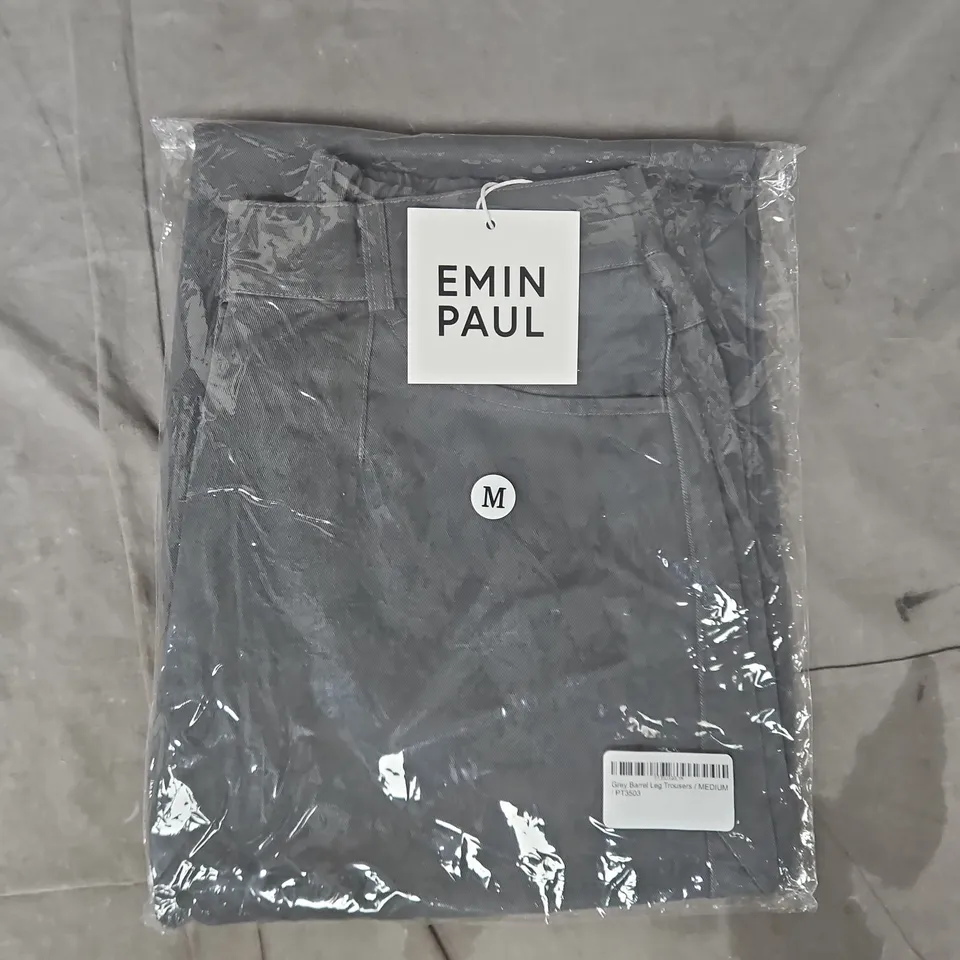 BAGGED EMIN PAUL GREY BARREL LEG TROUSERS SIZE MEDIUM