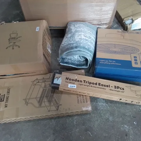 PALLET OF ASSORTED ITEMS TO INCLUDE FANS, OFFICE CHAIRS, TRIPODS, YOGA MAT RACK, RUGS ETC