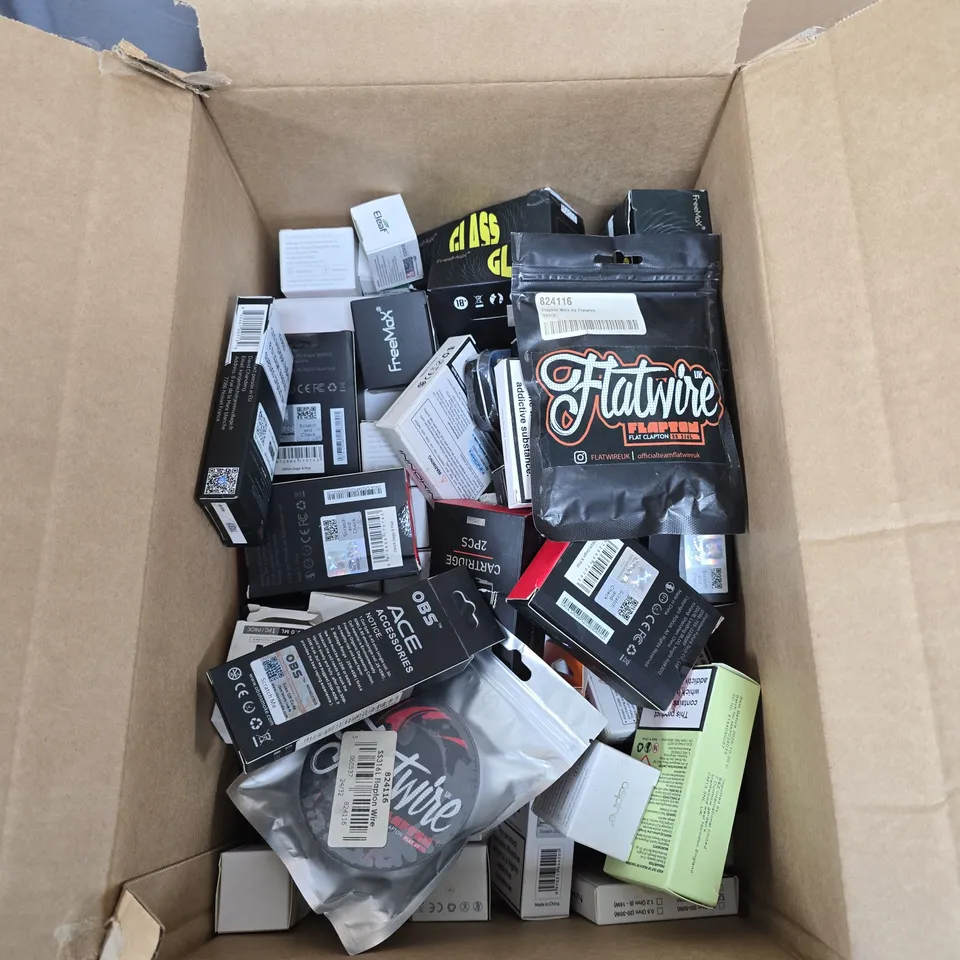 BOX OF APPROXIMATELY 30 ASSORTED E-CIGARETTES AND ACCOMPANIMENTS TO INCLUDE: VARIOUS ASPIRE ITEMS 