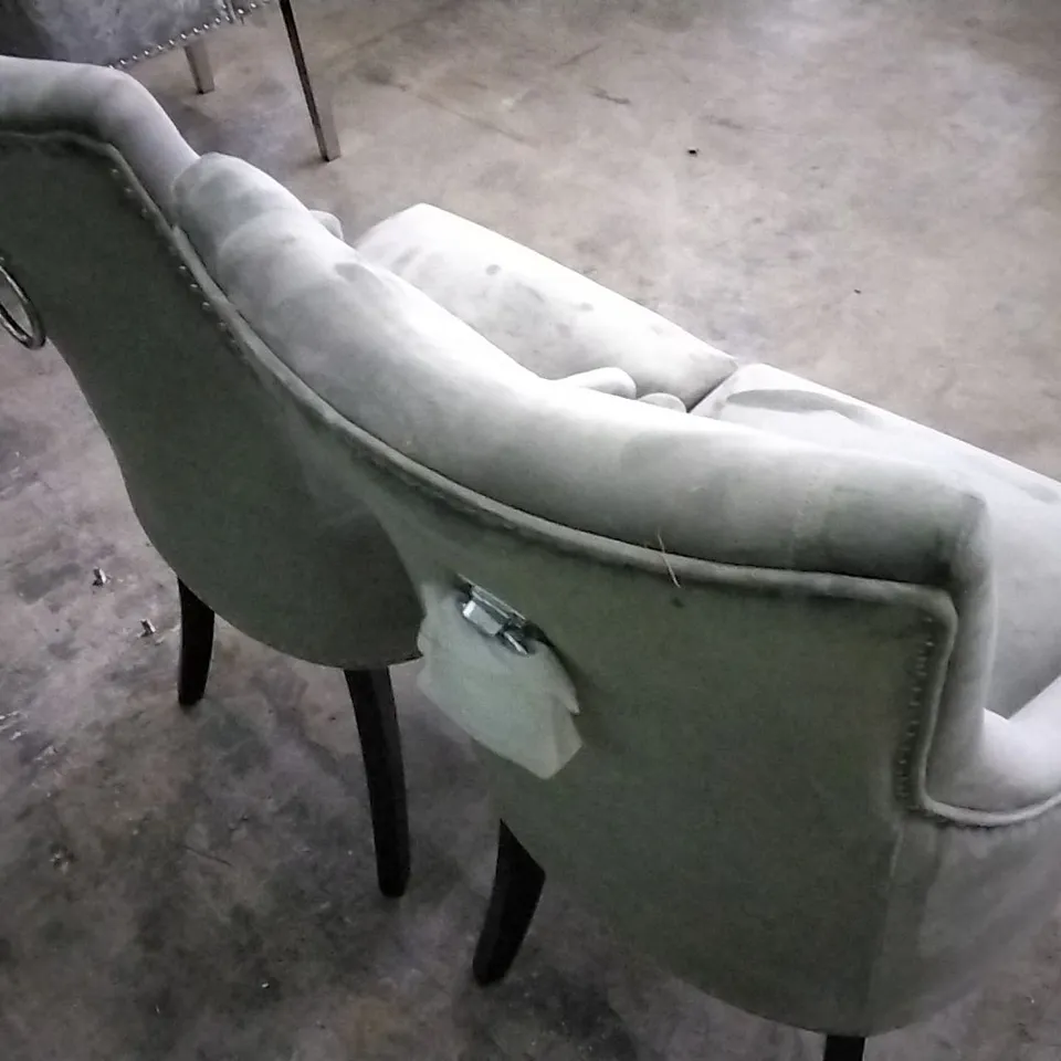 SET OF 2 PLUSH GREY FABRIC BUTTONBACK STUDDED DINING CHAIRS WITH KNOCKER BACKS AND BLACK WOODEN LEGS