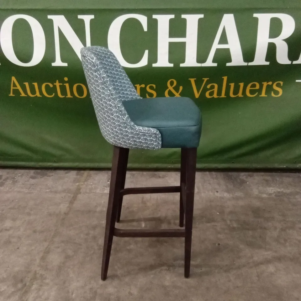 QUALITY DESIGNER BLUE FABRIC & LEATHER BAR STOOL