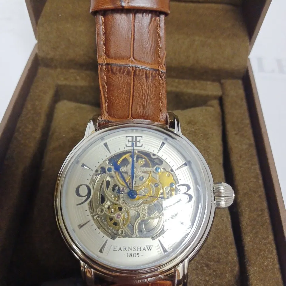 BOXED EARNSHAW LONDON BROWN GENUINE LEATHER WATCH