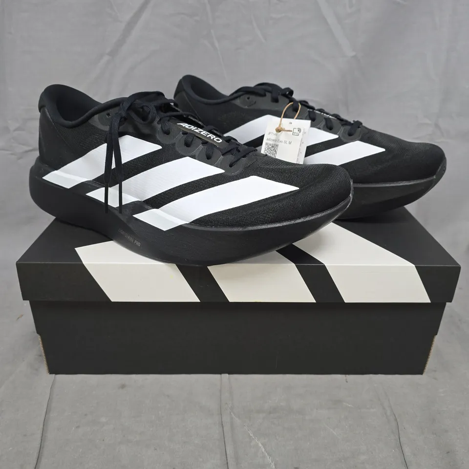 BOXED PAIR OF ADIDAS ADIZERO EVO SL SHOES IN BLACK/WHITE SIZE UK 11