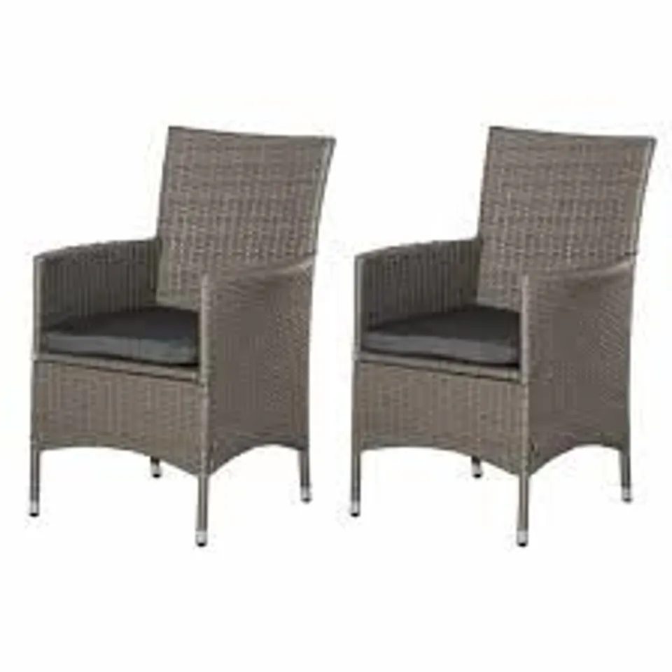 BOXED OUTSUNNY 2 PC OUTDOOR RATTAN ARMCHAIR DINING CHAIR GARDEN PATIO FURNITURE W/ ARMRESTS CUSHIONS GREY