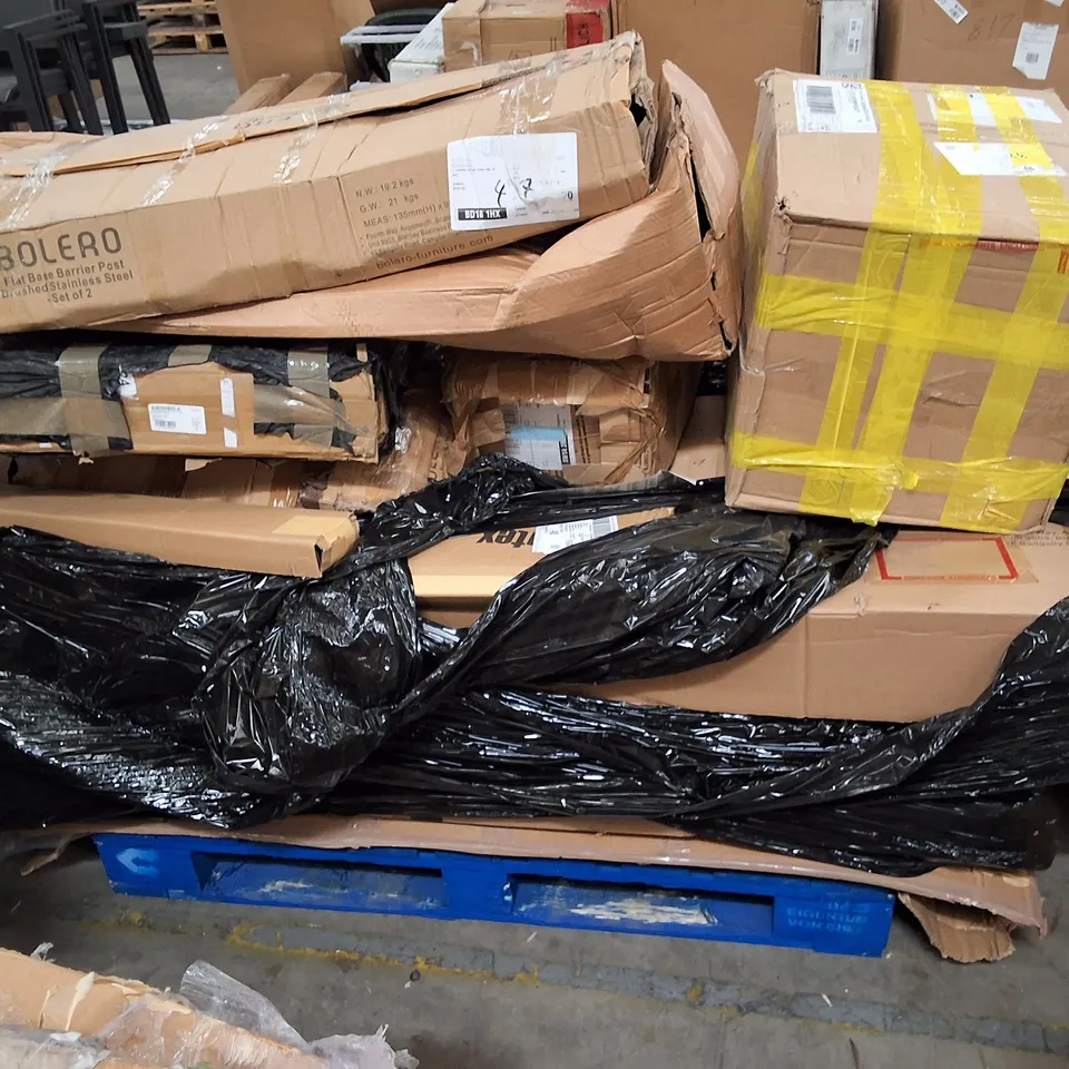 PALLET CONTAINING ASSORTED NISBITS PRODUCTS & PARTS INCLUDING FLAT BASE BARRIER POSTS & BLACK PARASOL