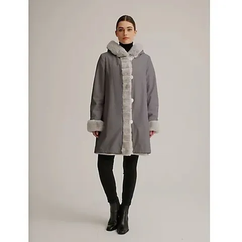 NUAGE FAUX FUR REVERSIBLE LONG HOODED COAT CHARCOAL/SILVER 3XL