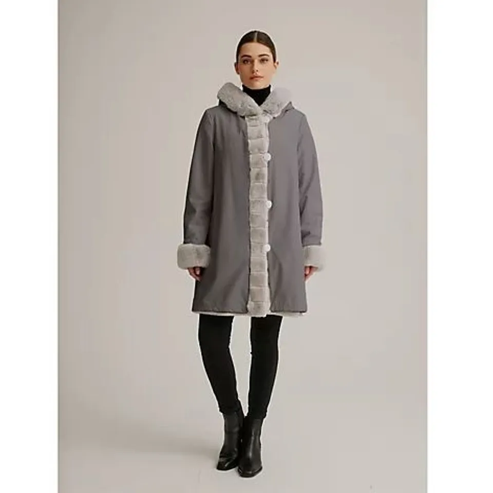 NUAGE FAUX FUR REVERSIBLE LONG HOODED COAT CHARCOAL/SILVER XS
