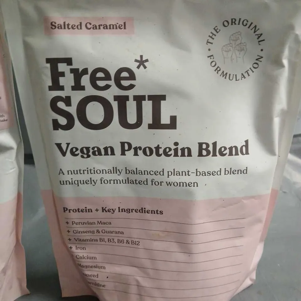 LOT OF 2 600G PACKS OF FREE SOUL VEGAN PROTEIN BLEND - SALTED CARAMEL AND CHOCOLATE