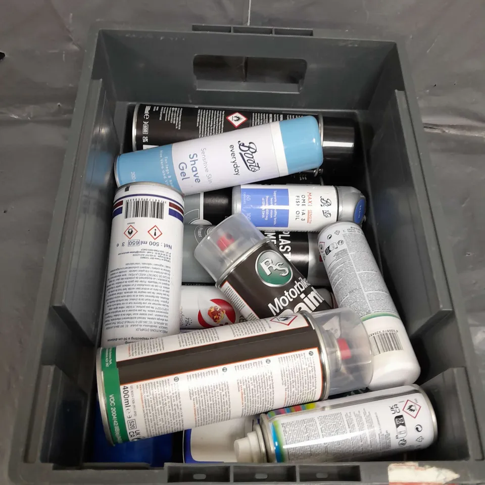 APPROXIMATELY 12 ASSORTED AEROSOLS TO INCLUDE , MOTORBIKE PAINT , BOOTS SHAVE GEL , GREY PLASTIC PRIMER , ETC 