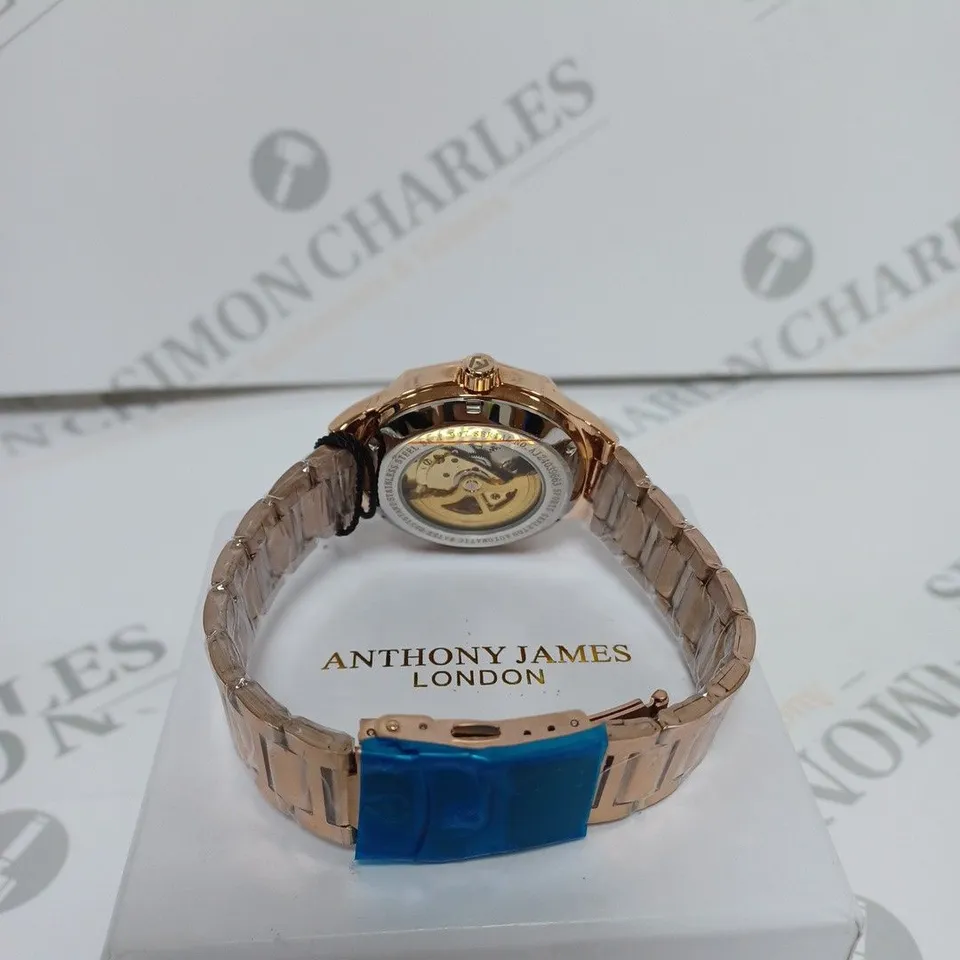 BOXED ANTHONY JAMES GENTS SPORTS SKELETON WATCH WITH STAINLESS STEEL BRACELET WATER RESISTANT