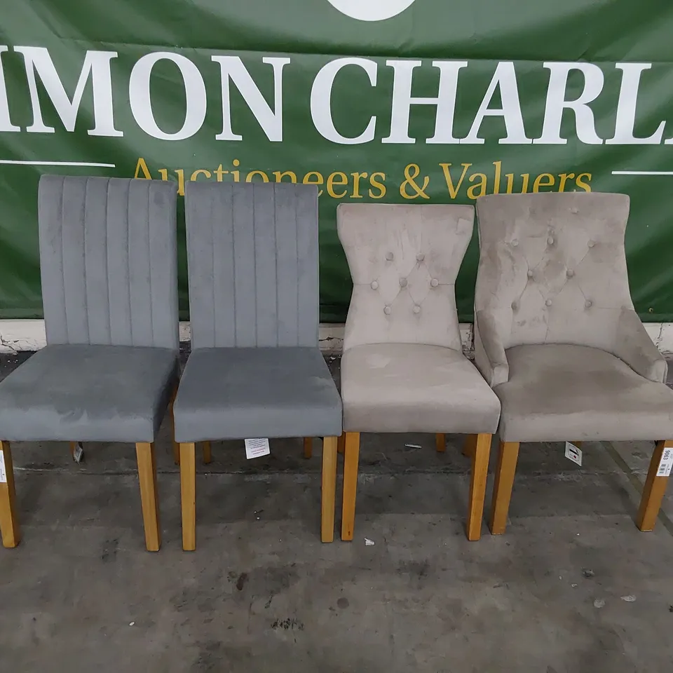 FOUR ASSORTED UPHOLSTERED DINING CHAIRS PLUSH FABRIC 