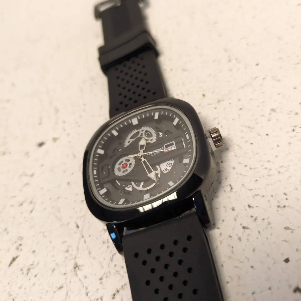 LEE COOPER LONDON WATCH – BLACK SKELETON DIAL, PERFORATED RUBBER STRAP