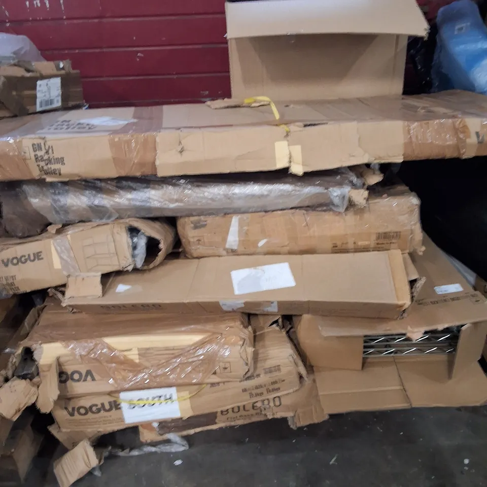 PALLET OF ASSORTED HOUSEHOLD PRODUCTS TO INCLUDE;SHELVING UNIT PAPER FOOD CONTAINERS,ETC