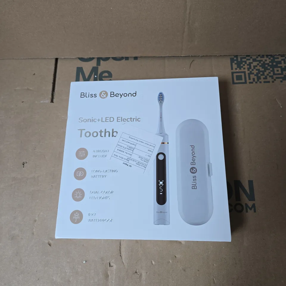 BLISS & BEYOND SONIC+LED ELECTRIC TOOTHBRUSH – WHITE, WITH 4 BRUSH HEADS & CHARGING DOCK