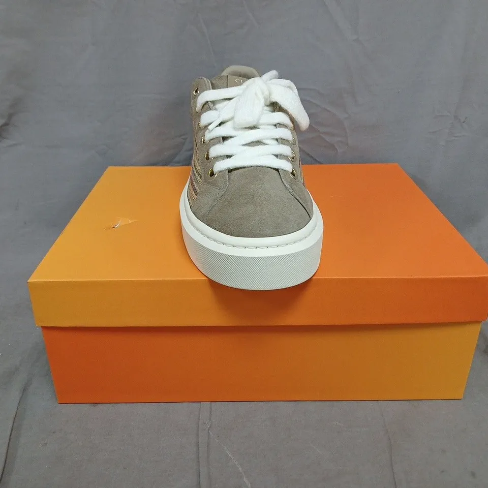 BOXED PAIR OF CLEENS ACE TRAINERS IN TAUPE SIZE UK 11.5