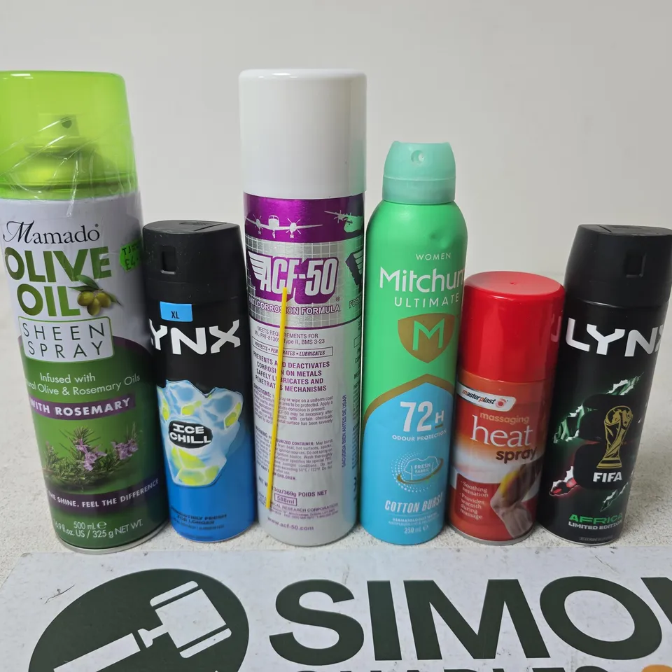 APPROXIMATELY 15 ASSORTED AEROSOLS TO INCLUDE LYNX , DEEP HEAT AND OLIVE OIL