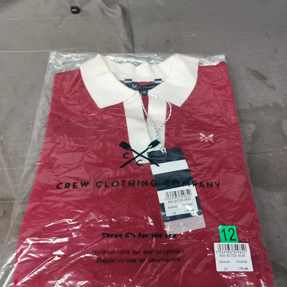 CREW CLOTHING COMPANY RUGBY SHIRT – RED WITH WHITE COLLAR, UK 12