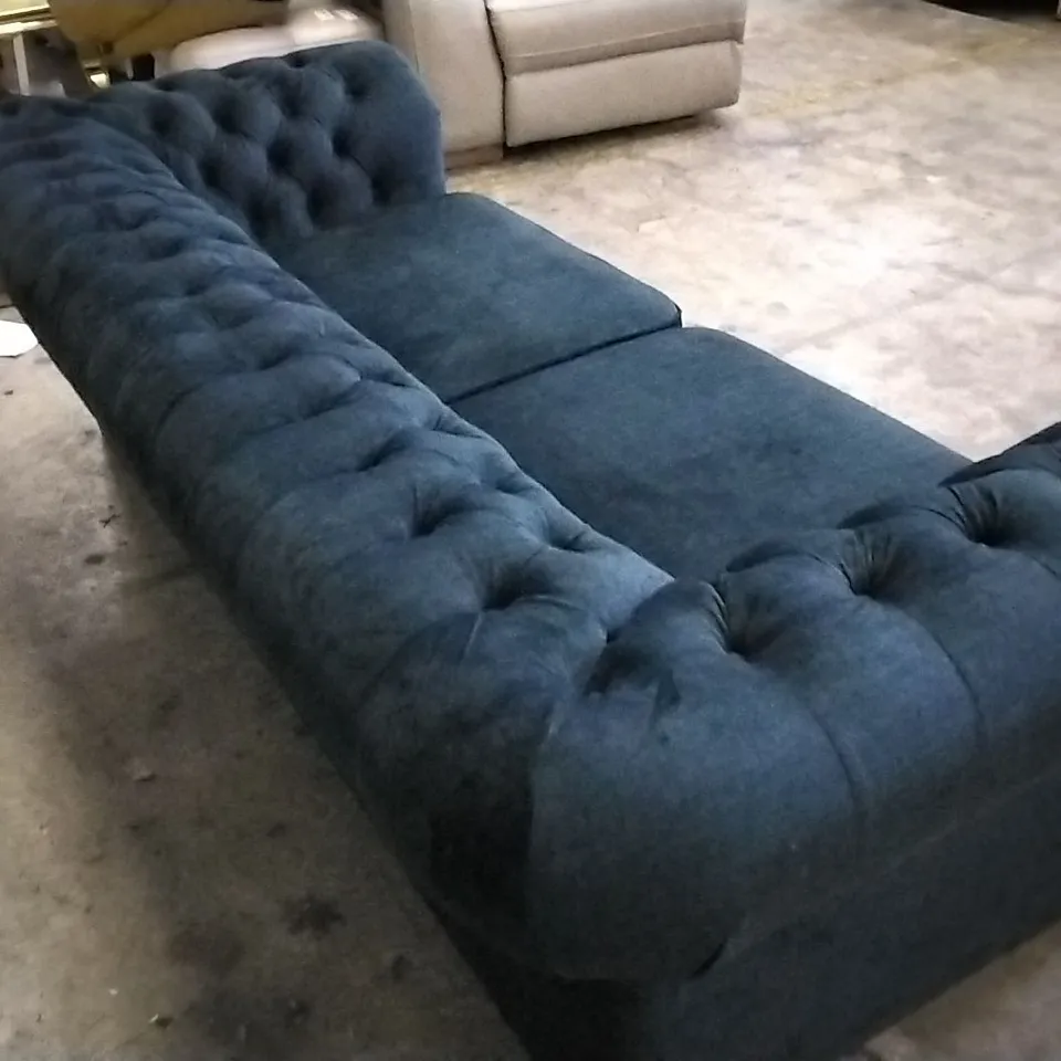 QUALITY DESIGNER NAVY BLUE PLUSH FABRIC 3 SEATER CHESTERFIELD SOFA