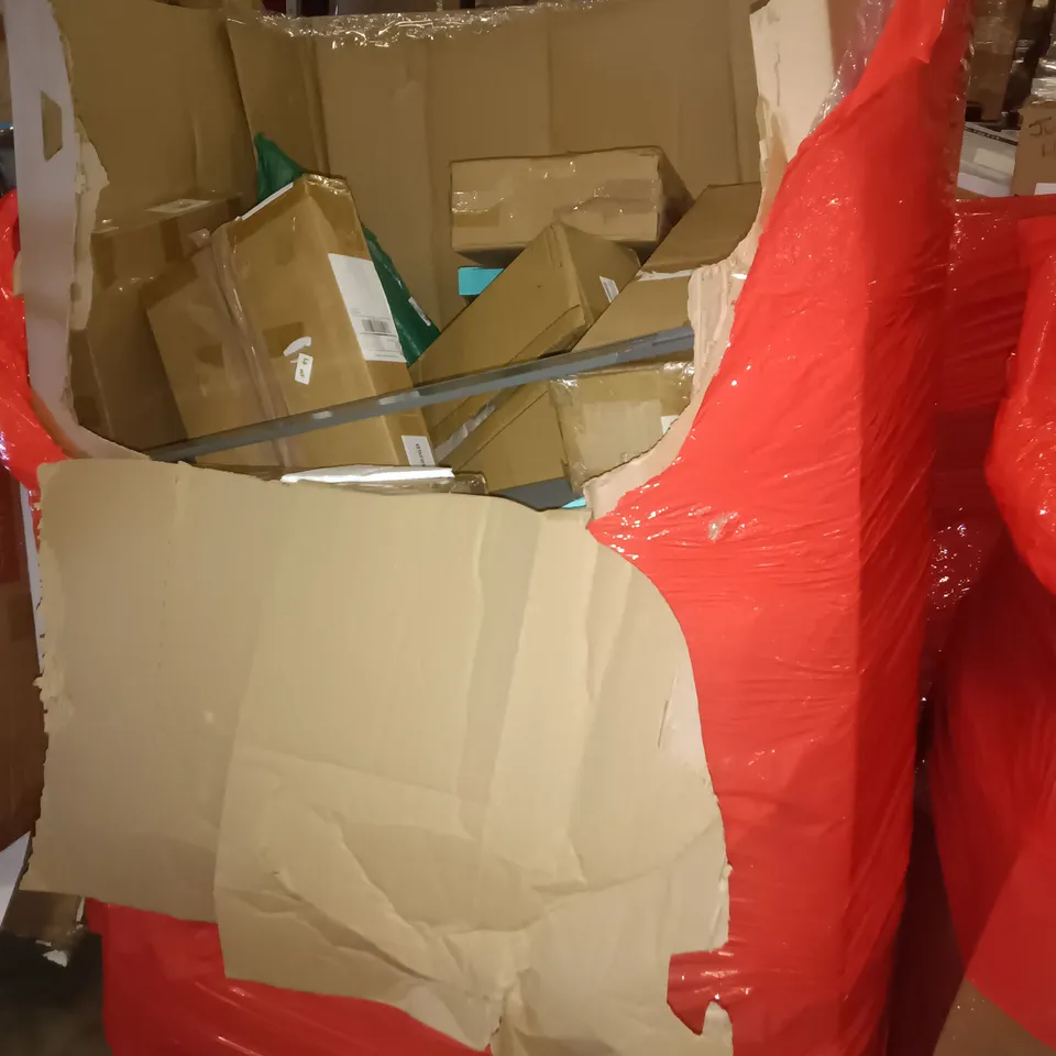 PALLET OF ASSORTED ITEMS TO INCLUDE BOXED SIDE TABLE, BOLTLESS SHELVING UNIT AND GARMENT STEAMER