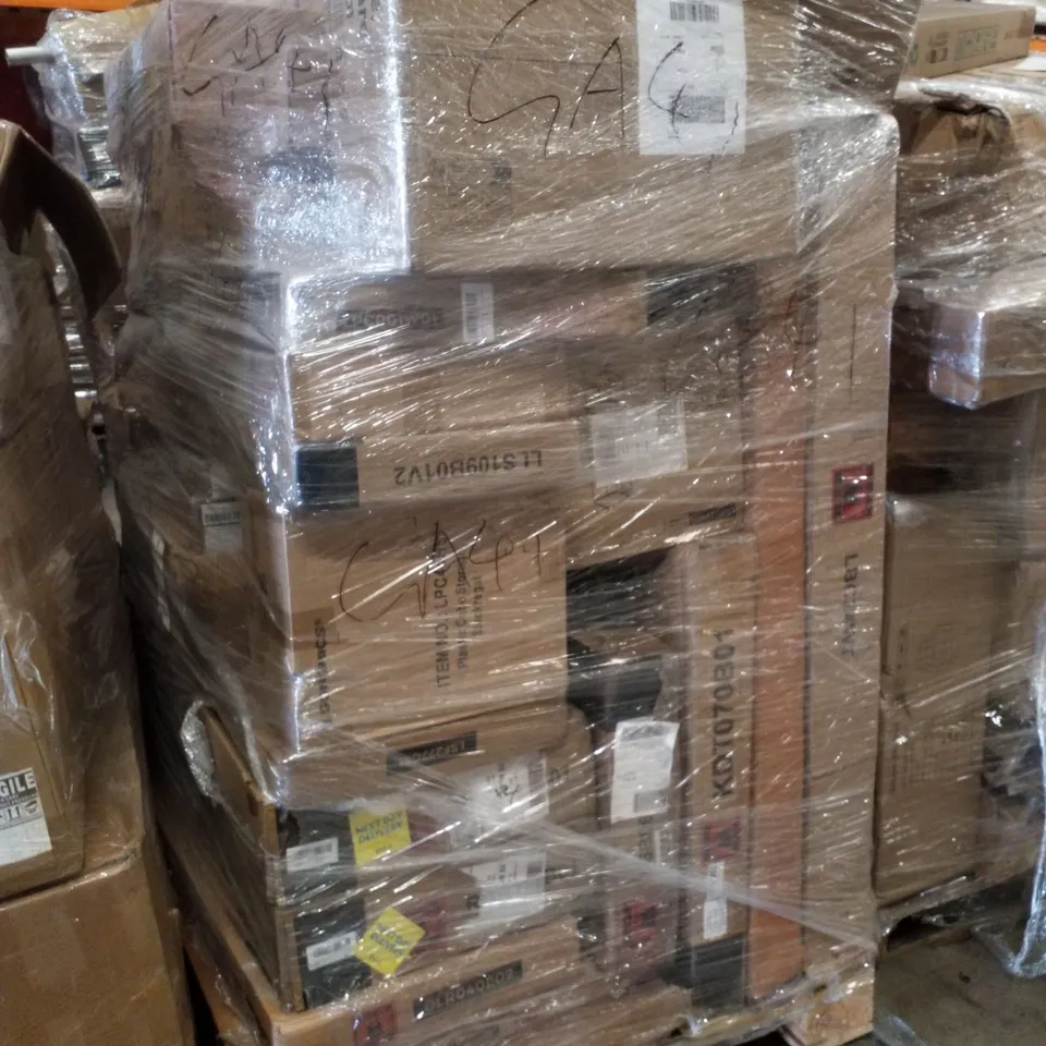 PALLET CONTAINING ASSORTED PRODUCTS INCLUDING PLASTIC CUBE STORAGE, 5-TIER STORAGE RACK, ROLLING CART & STEEL LADDER