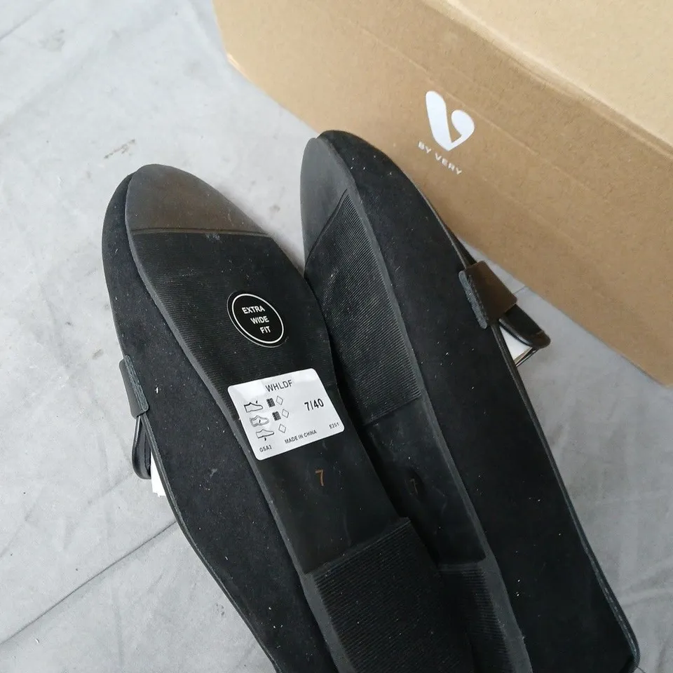 VERY LADIES' BLACK SUEDE SLIP-ON LOAFERS – EXTRA WIDE FIT, UK 7 (EU 40) – BOXED