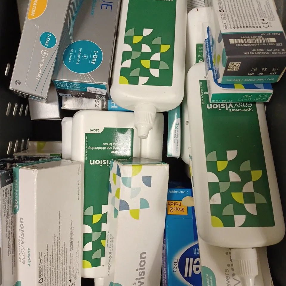 BOX OF APPROXIMATELY 30 ASSORTED HEALTH & EYECARE PRODUCTS TO INCLUDE NICORETTE INHALATOR, CONTACT LENSES, CONTACT SOLUTION ETC