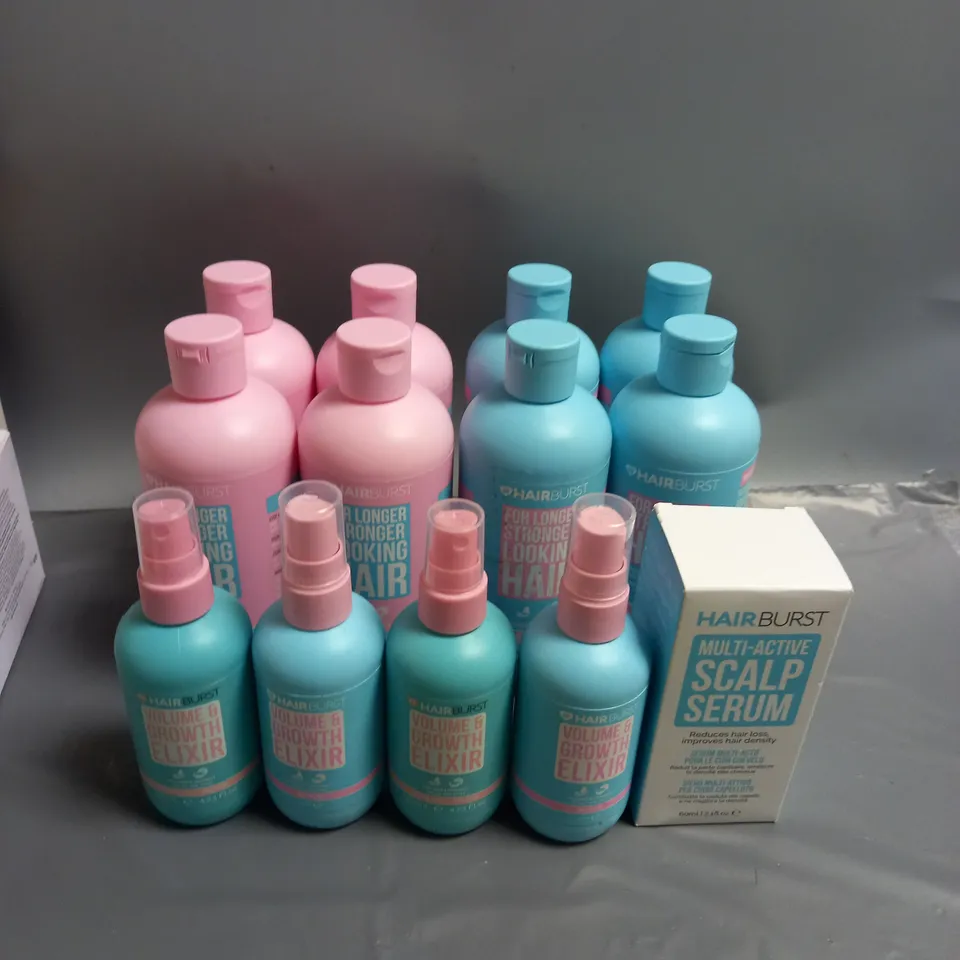 LOT OF 13 HAIR BURST HAIR CARE PRODUCTS TO INCLUDE SHAMPOO, CONDITIONER, ELIXIR AND SCALP SERUM