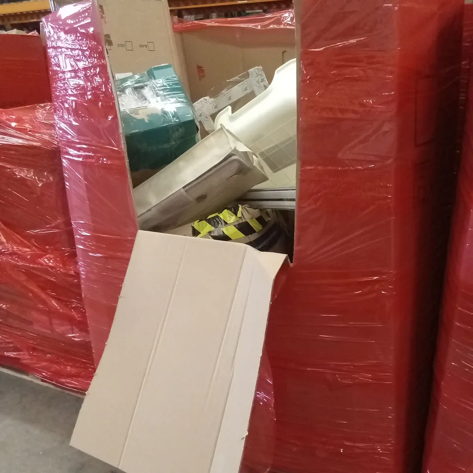 PALLET OF ASSORTED HOUSEHOLD GOODS AND PRODUCTS TO INCLUDE; AIR FAN, MIRROR, BOXED FURNITURE ETC