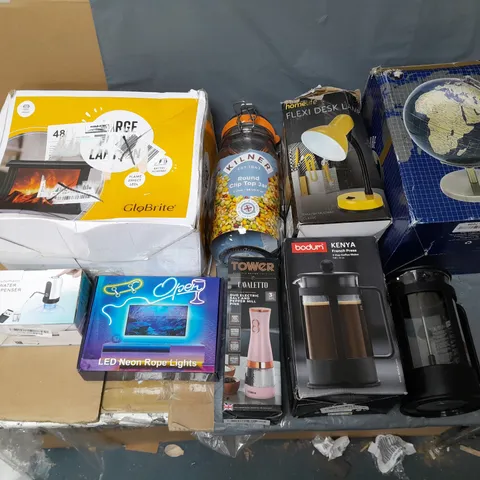 APPROXIMATELY 10 ASSORTED HOUSEHOLD GOODS TO INCLUDE LED NEON ROPE LIGHT, ROTATING GLOBE, FRENCH PRESS, AND SALT AND PEPPER MILL ETC. 