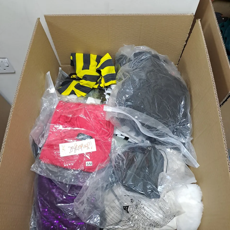 BOX OF ASSORTED CLOTHING ITEMS TOO INCLUDE JUMPERS, SHIRTS AND TROUSERS IN VARIOUS SIZES AND COLOURS   