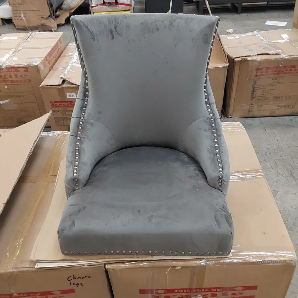 BOXED ELIZABETH DINING CHAIR IN GREY VELVET WITH ROUND CHROME KNOCKER WITH OAK LEGS - SET OF 2