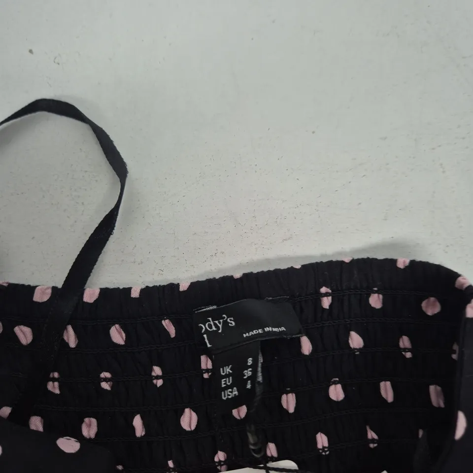 NOBODYS CHILD UK 8 LYNETTE MIDI DRESS – BLACK WITH PINK POLKA DOTS