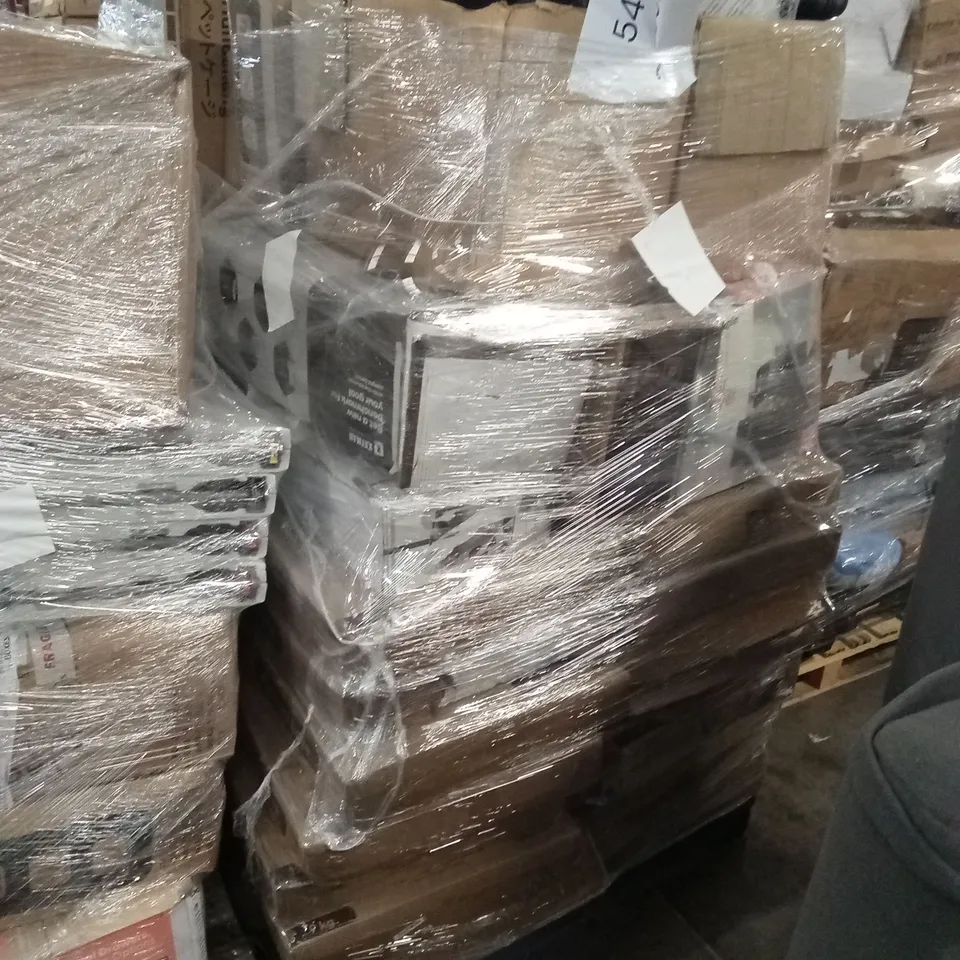 PALLET OF ASSORTED E-COMMERCE GOODS AND PRODUCTS TO INCLUDE; COAT/CLOTHES HANGERS, AIR FRYER, WORKOUT BENCH, A LARGE QUANTITY OF PARASOL BASES, CABIN BAG ETC