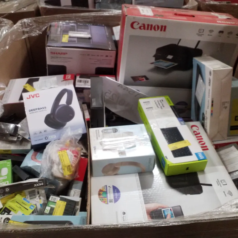 PALLET CONTAINING ASSORTED ELECTRICAL PRODUCTS INCLUDING CANON PIXMA TS3350 PRINTER, GAMING KEYBOARD, WIRELESS HEADPHONES, BLUETOOTH SPEAKER, UNIVERSAL REMOTE & WI-FI EXTENDER 