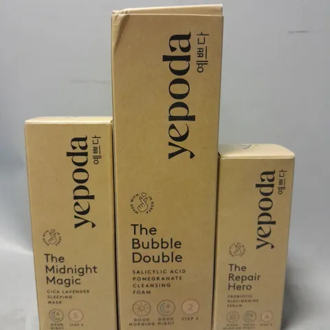 3 BOXED YEPODA PRODUCTS TO INCLUDE THE MIDNIGHT MAGIC MASK, THE BUBBLE DOUBLE CLEANSING FOAM, THE REPAIR HERO SERUM