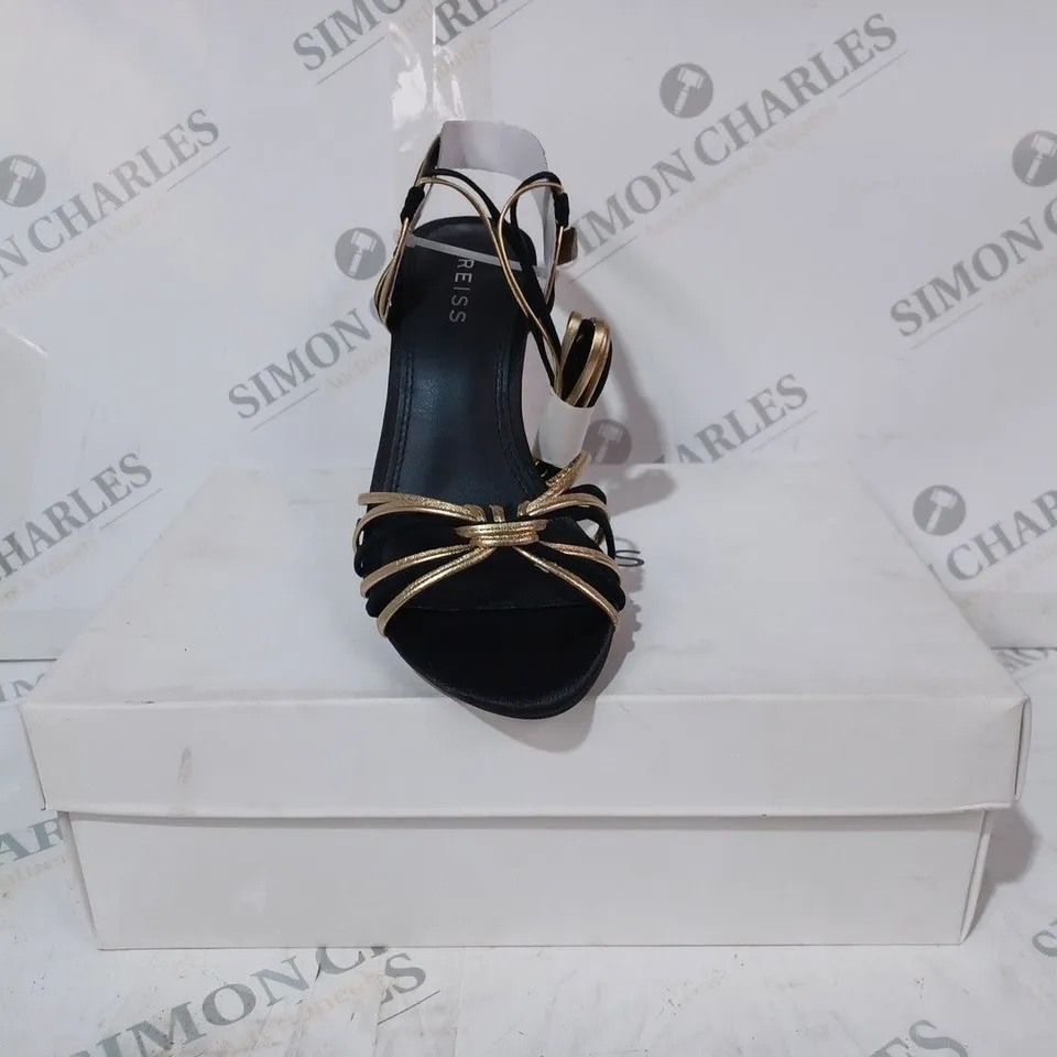 BOXED PAIR OF REISS CASSIDY STRAPPY HEELS IN BLACK/GOLD SIZE 5