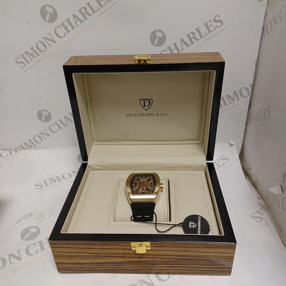 MENS AUTOMATIC DESCHAMPS & CO WATCH – SKELETON DIAL – GLASS EXHIBITION BACK CASE – RUBBER STRAP – WOODEN GIFT BOX 