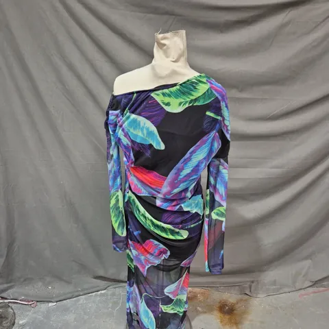 PINK BOUTIQUE PALM PRINT NAVY OFF-SHOULDER MESH MAXI DRESS